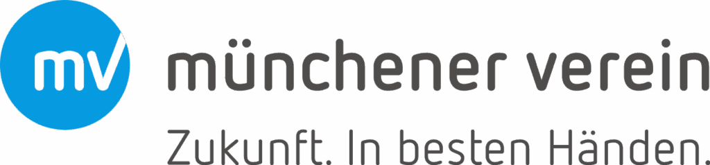 Logo des Münchener Verein – blauer Kreis mit weißen Buchstaben ‚mv‘ links, daneben der Schriftzug ‚münchener verein‘ und darunter der Slogan ‚Zukunft. In besten Händen.