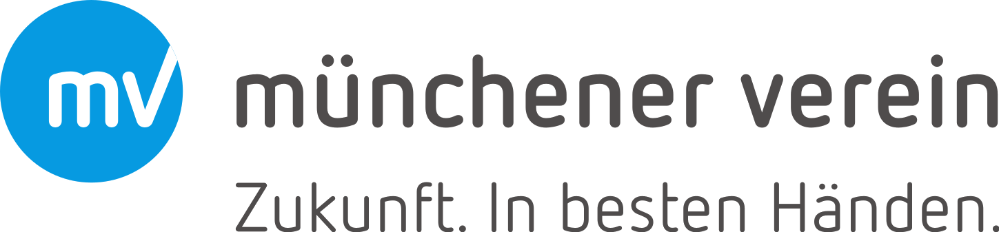 Logo des Münchener Verein – blauer Kreis mit weißen Buchstaben ‚mv‘ links, daneben der Schriftzug ‚münchener verein‘ und darunter der Slogan ‚Zukunft. In besten Händen.