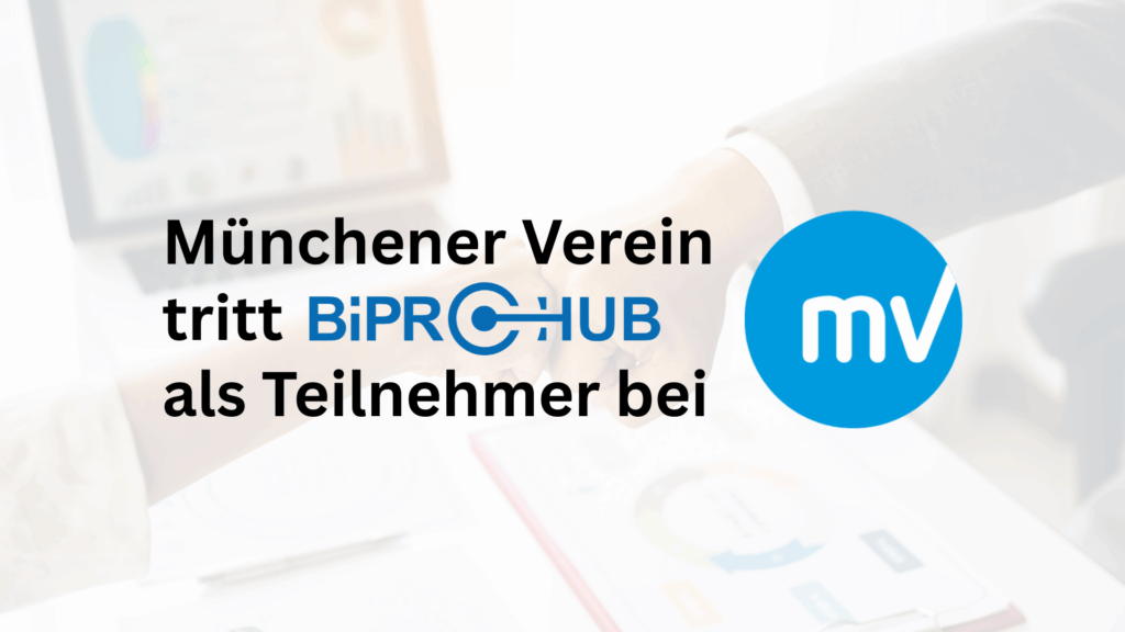 Grafik mit Text ‚Münchener Verein tritt BiPRO Hub als Teilnehmer bei‘, daneben das runde blaue Logo mit den weißen Buchstaben ‚mv‘. Im Hintergrund ein leicht unscharfes Bild zweier sich die Hand reichender Personen vor einem Laptop mit Diagrammen.